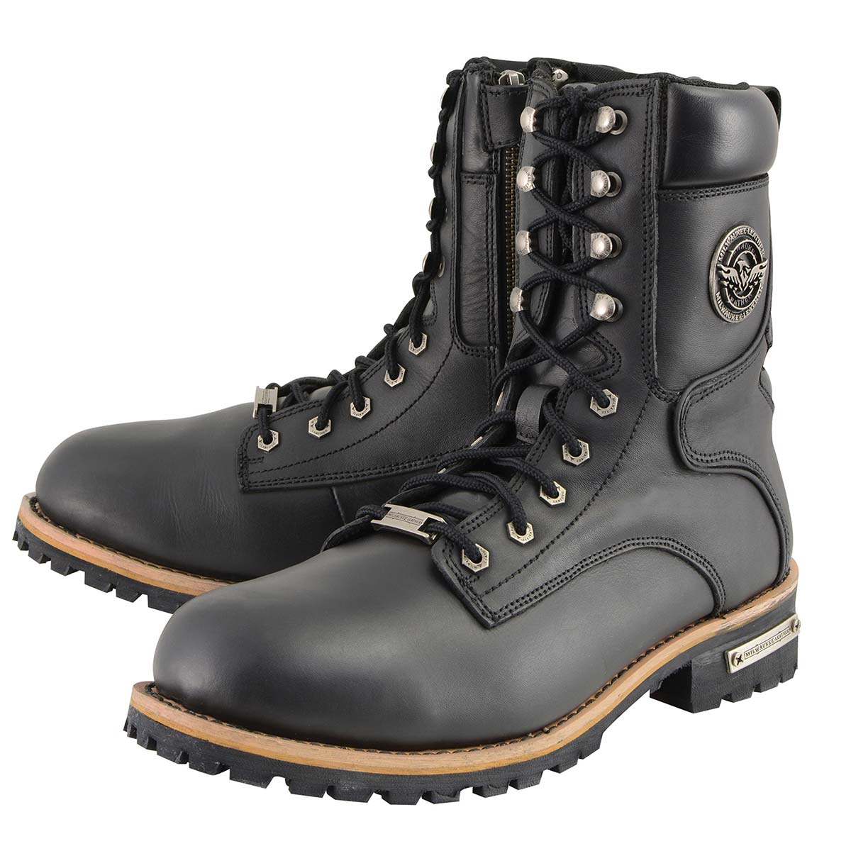 Men’s Classic Black Logger Lace-Up Boots with Side Zipper
