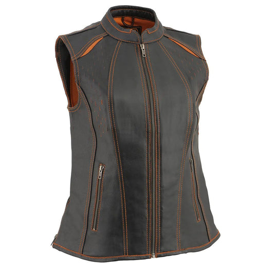 Milwaukee Leather MLL4507 Women's 'Laser Cut' Distressed Black and Orange Scuba Style Vest
