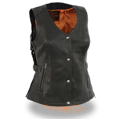 Women's Black Fringed Leather Vest with Gun Pockets