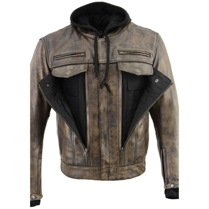 Men's Distressed Brown Leather ‘Utility Pocket’ Vented Jacket with Removable Hoodie
