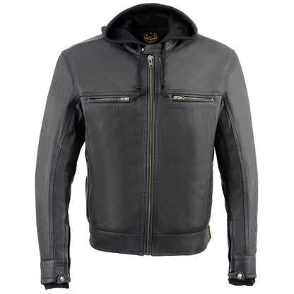 Men's Black Leather ‘Utility Pocket’ Vented Jacket with Removable Hoodie
