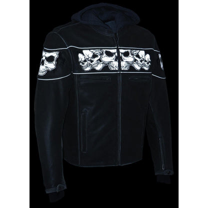 Men's Distressed Grey Leather Jacket with Reflective Skulls