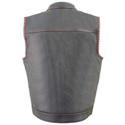 Men’s ‘Old Glory’ Black Leather with Red Stitching Vest and Laced Arm Holes