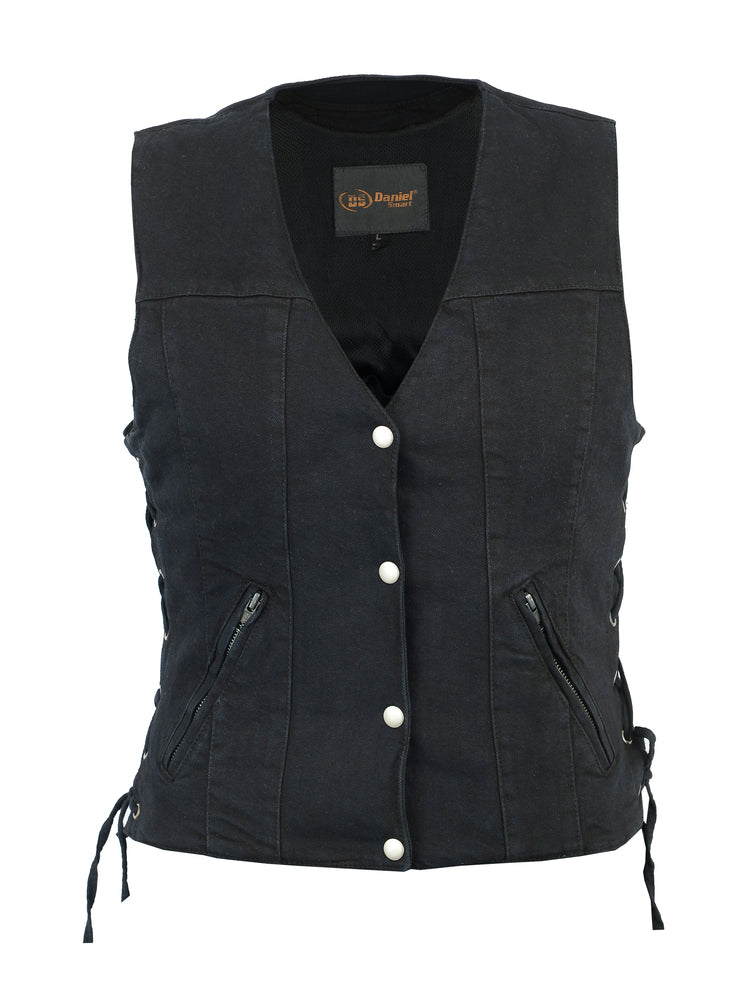 Women's Single Back Panel Denim Vest With 2 Snap Closure Inside Concealed Pockets