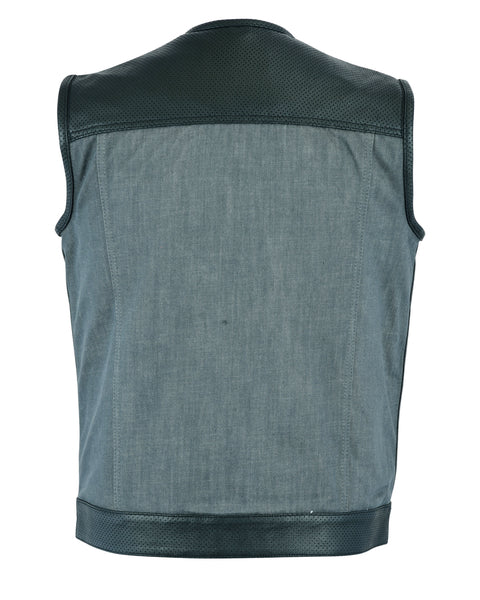 MEN’S PERFORATED LEATHER/DENIM COMBO VEST (BLACK/ ASH GRAY)